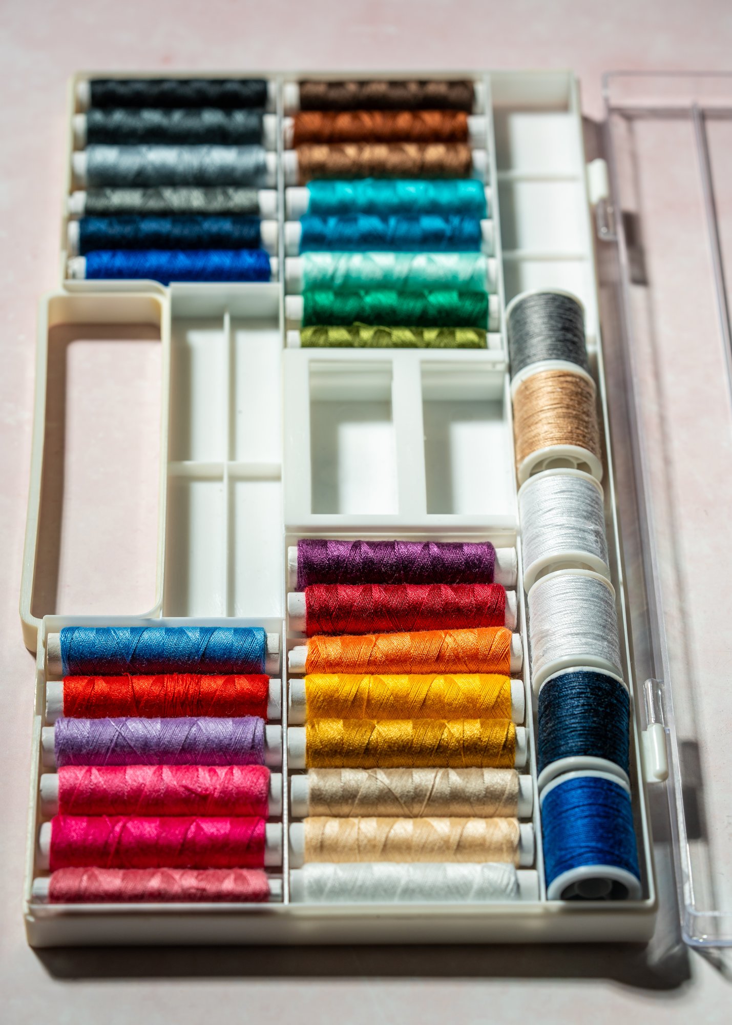 Stack of embroidery samplers and thread spools